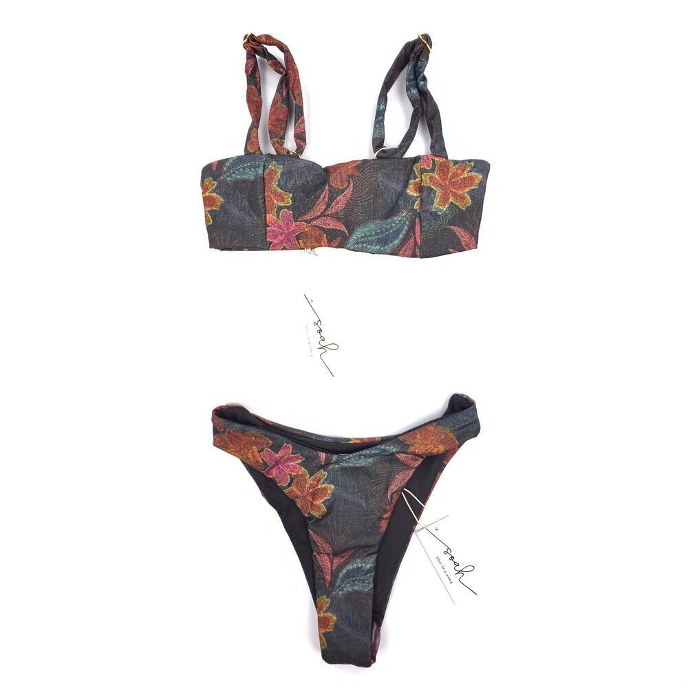 NWT Soah Indy Black Dore Bandeau Top Sarah V-cut Bikini Bottoms 2 Piece Swim Set